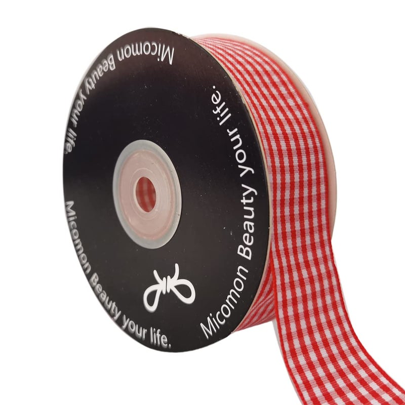 Micomon 1 Inch Red and White Woven Edge Gingham Ribbon 25 Yards Each Roll 100% Polyester (1"", red) - Image 1